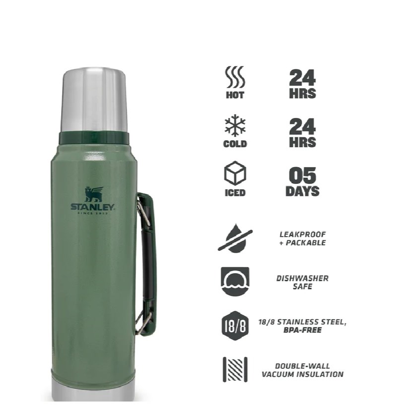 STANLEY Classic Thermosflasche 1L & Brotdose 1,2L – Hammertone Green, Edelstahl, Spülmaschinenfest